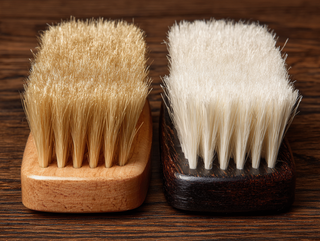 Comparison of horse hair pool table brush versus nylon brush showing bristle quality differences