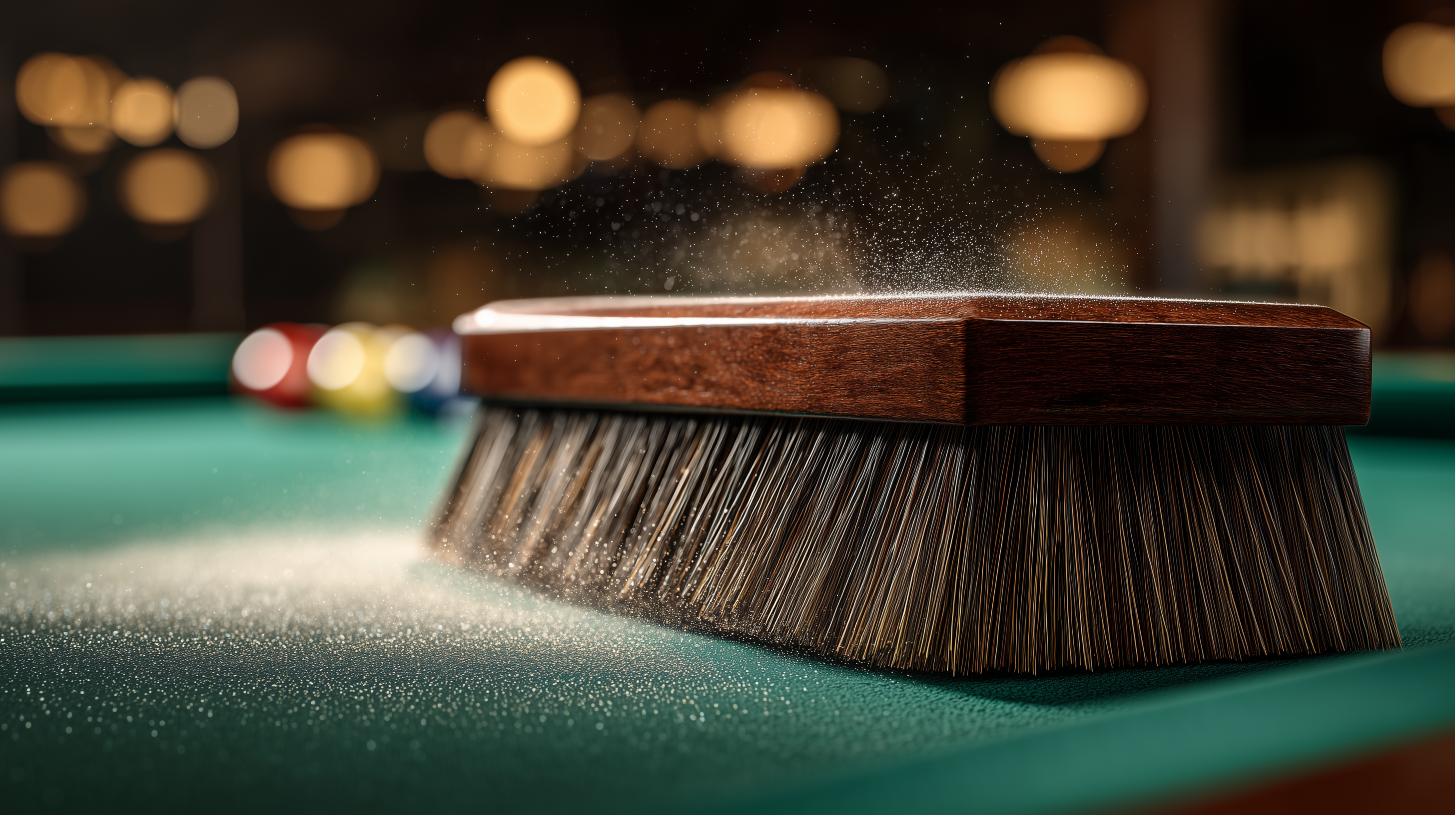 Professional-horse-hair-brush-cleaning-green-pool-table-felt-with-proper-technique