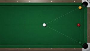 Pool table showing a simple bank shot setup with a mirror aiming line illustrating basic bank shot geometry.