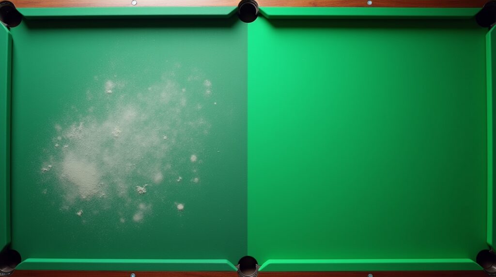 Before and after comparison of pool table felt showing dramatic improvement from proper brushing technique removing chalk and debris