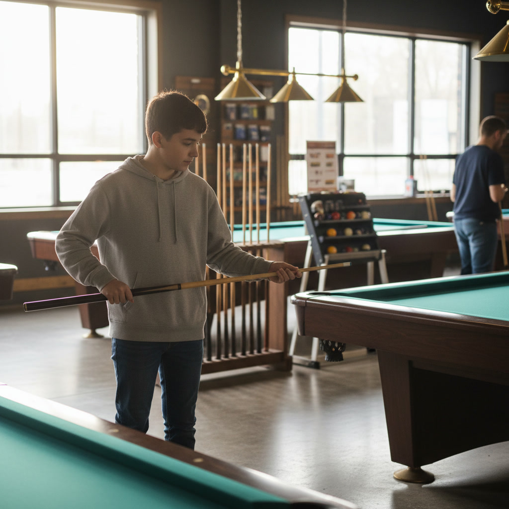 Beginner pool player testing cue weight and balance in proper playing stance before purchase