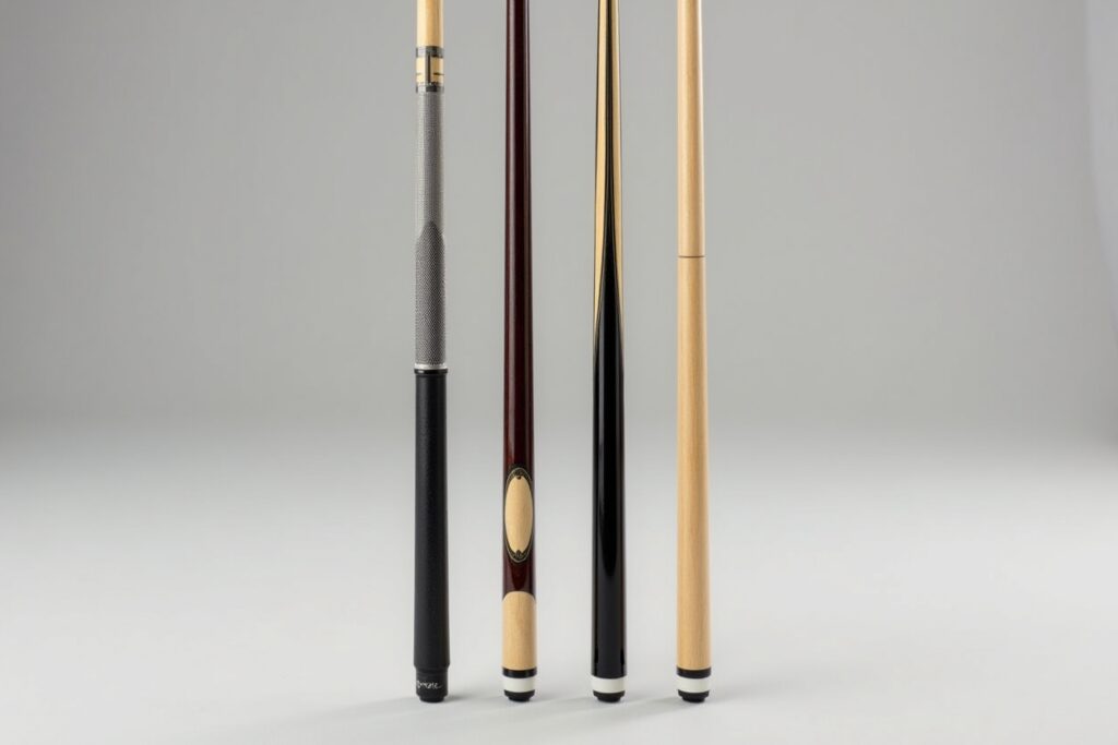 Collection of four quality beginner pool cues at different price points displayed for comparison
