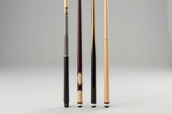 Collection of four quality beginner pool cues at different price points displayed for comparison