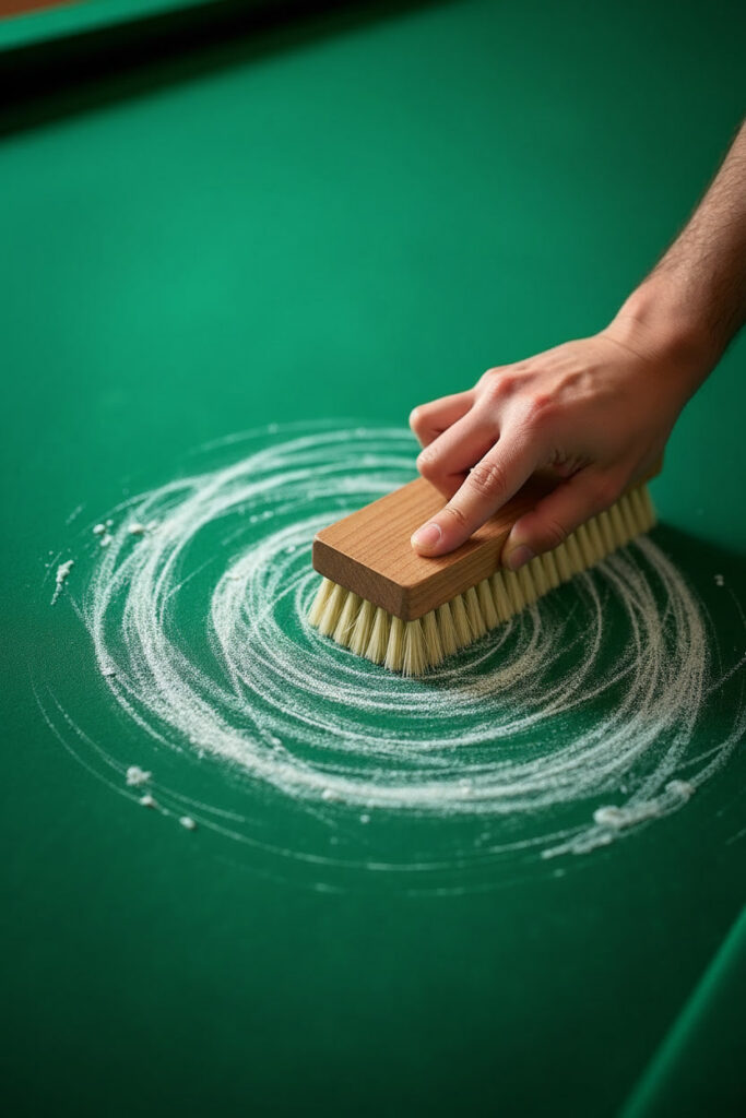 Common brushing mistake showing incorrect circular motion that damages pool table felt nap