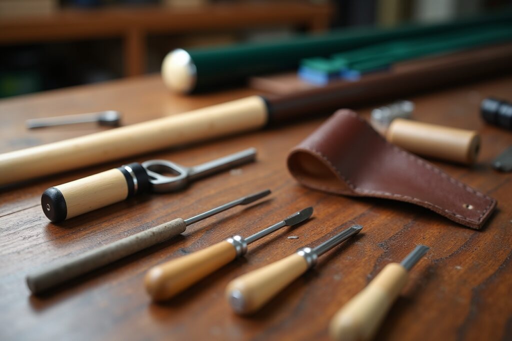 Professional pool cue tip replacement tools including multi-layer leather tips and precision shaping equipment