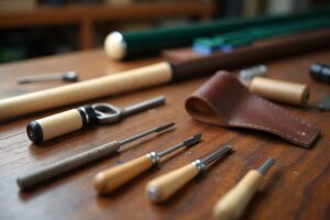 Professional pool cue tip replacement tools including multi-layer leather tips and precision shaping equipment