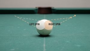 Pool cue ball with graphical left and right spin zones indicating how English affects cue ball direction.
