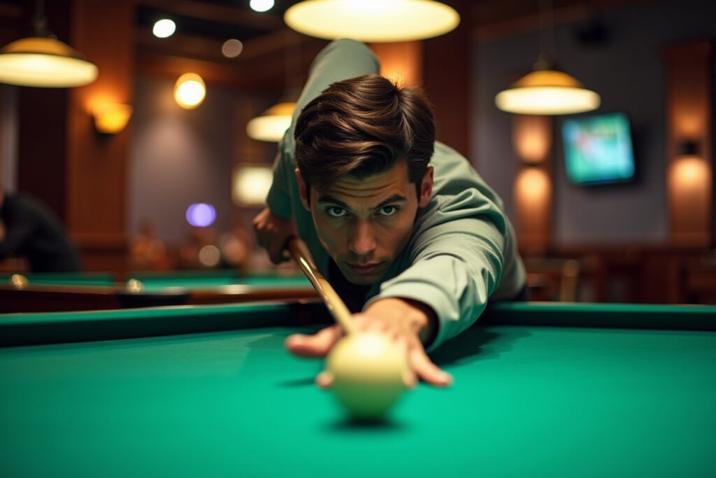 Pool player demonstrating proper mechanical bridge technique for long-distance shot execution