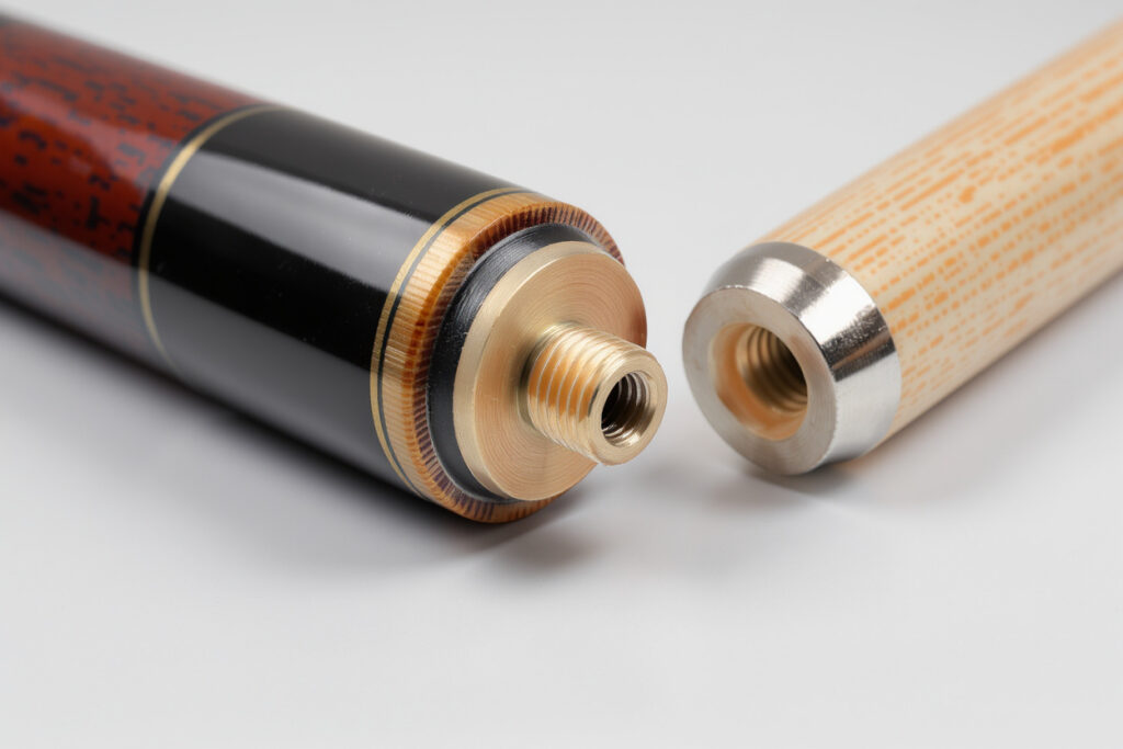Close-up detail of quality pool cue metal joint showing threaded pin and collar construction