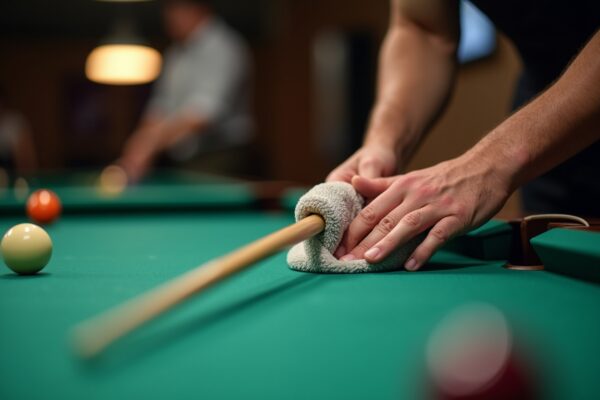 Professional pool player cleaning cue shaft with microfiber cloth demonstrating proper maintenance technique