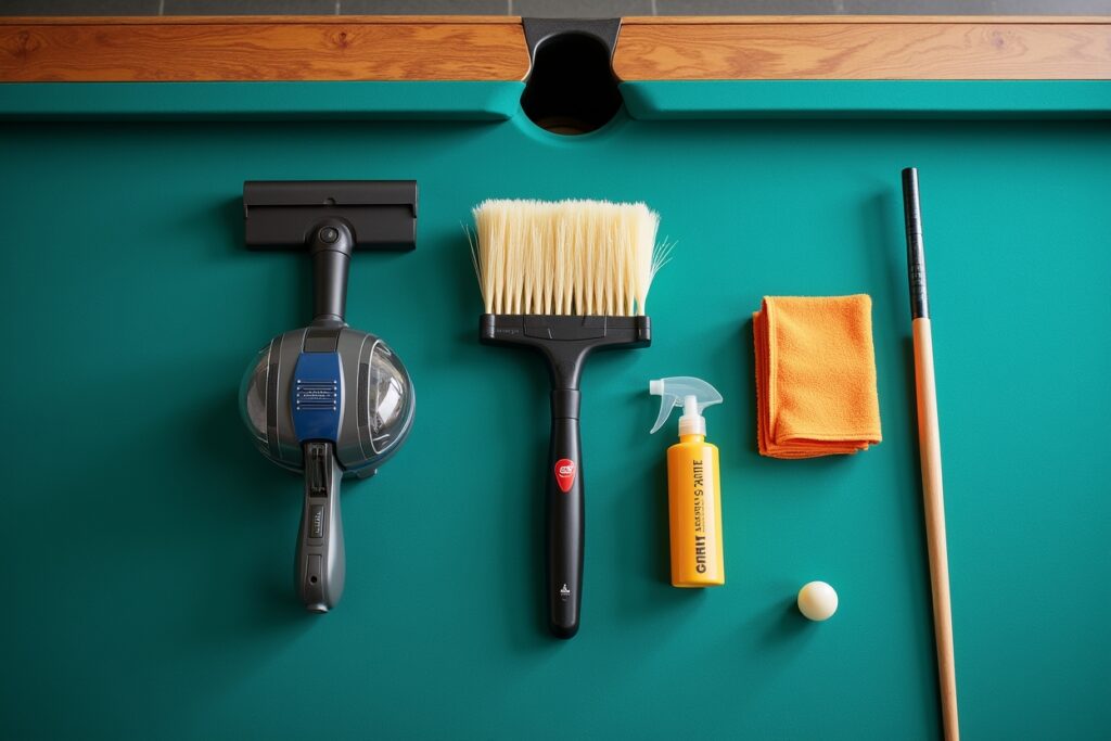 Complete pool table maintenance tool kit including brush, vacuum, tip tools, and cleaning supplies arranged for display