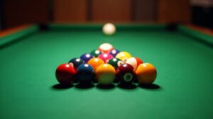 Racked pool balls in triangle formation on professional pool table