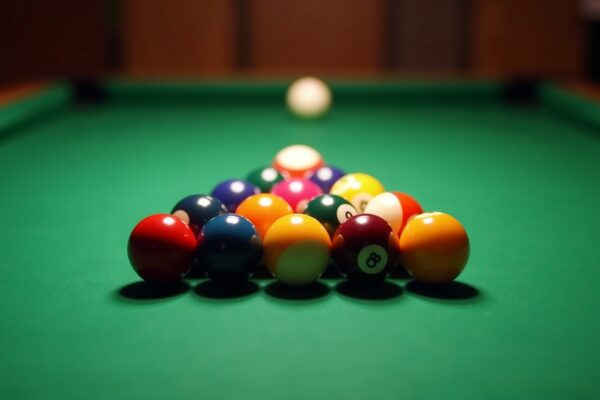 Racked pool balls in triangle formation on professional pool table