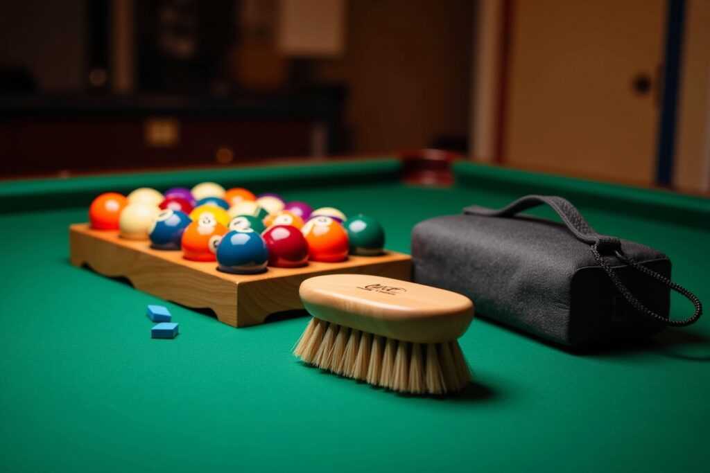 Essential pool table accessories including balls, rack, brush, and chalk