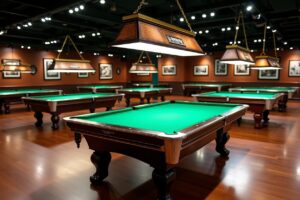 Premium pool table showroom displaying Brunswick, Diamond and other major brand tables