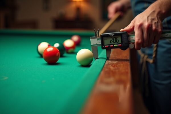 Professional pool table inspection with measuring tools and calipers