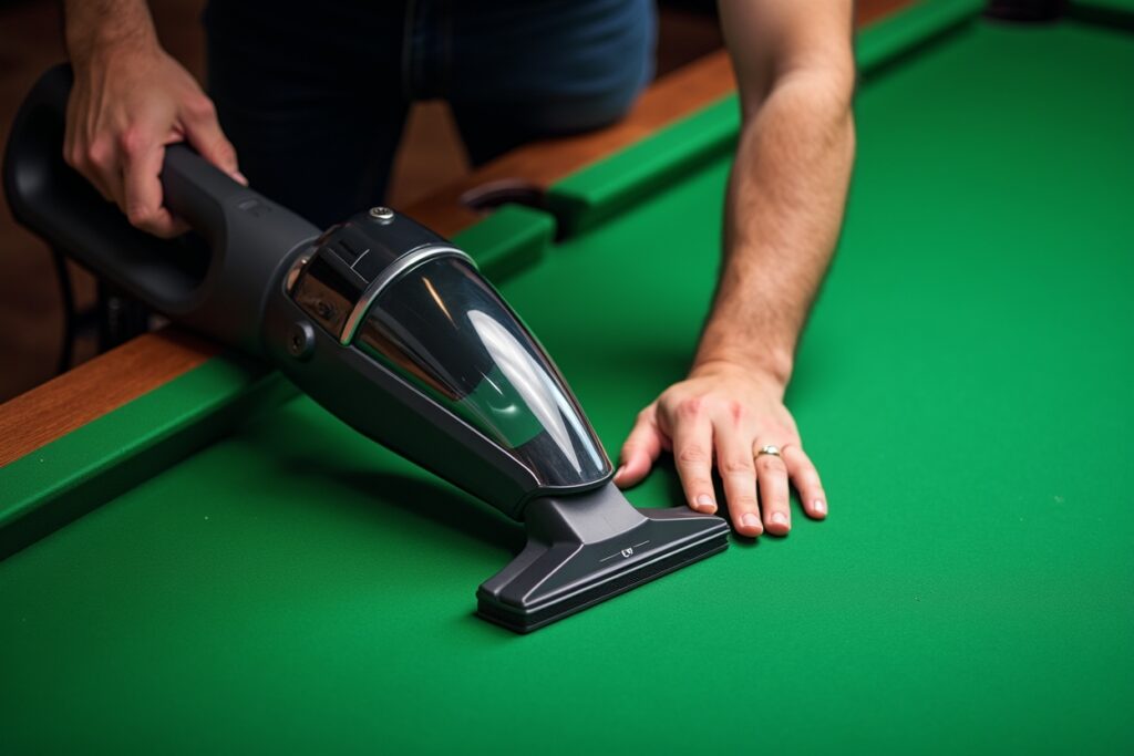 Professional using specialized low-suction pool table vacuum with proper technique on championship green felt