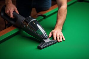 Professional using specialized low-suction pool table vacuum with proper technique on championship green felt