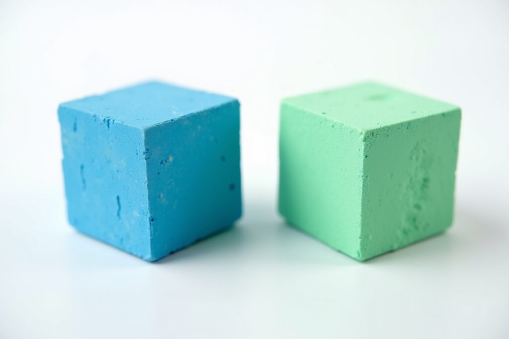 Macro comparison showing texture difference between premium waxy chalk and budget powdery chalk cubes
