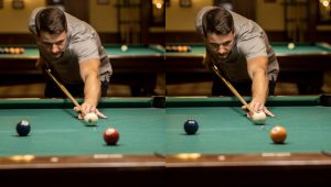 Pool player demonstrating top spin and bottom spin cue ball techniques on a billiards table
