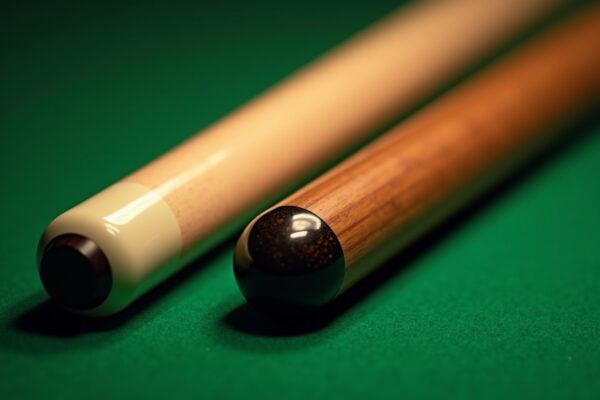 Wooden maple and fiberglass pool cues compared side by side