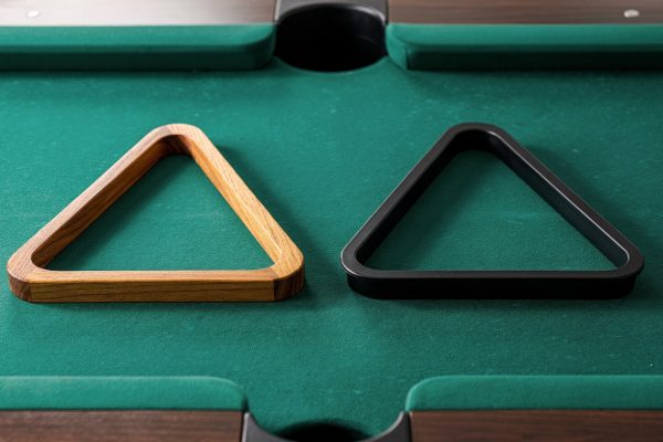 Wooden hardwood triangle pool rack compared to plastic triangle rack side by side