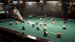 A dynamic billiards action illustration showing a player executing an 8-ball break and run pattern, cue ball movement paths, numbered object balls, clear trajectory lines, realistic lighting and high-detail pool game scene.