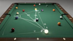 A dynamic billiards scene illustrating the diamond system for kick shots, with a pool table, visible diamond marks along the rails, cue ball trajectories, angle lines and annotations, high-detail realistic sports illustration