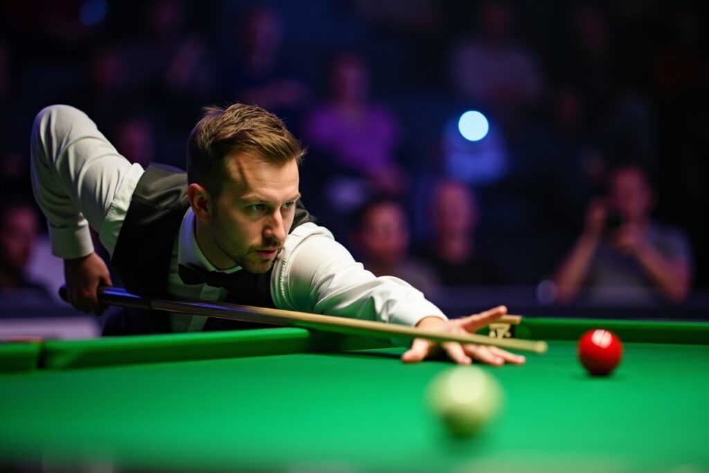 Professional pool player competing at major tournament with focused concentration during championship match