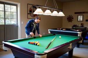 Person inspecting used pool table